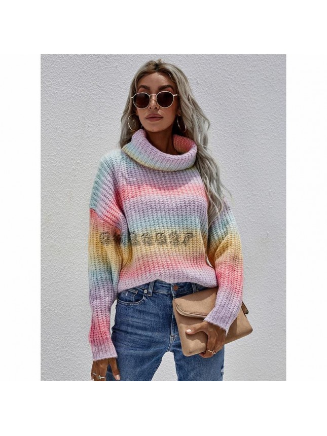 Striped knit high neck sweater rainbow sweater fashion outfits