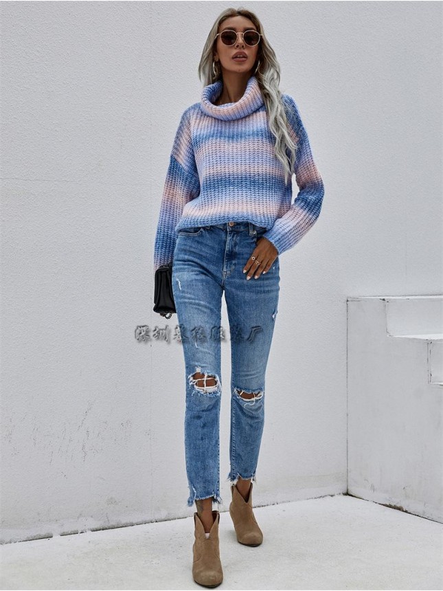 Striped knit high neck sweater rainbow sweater fashion outfits