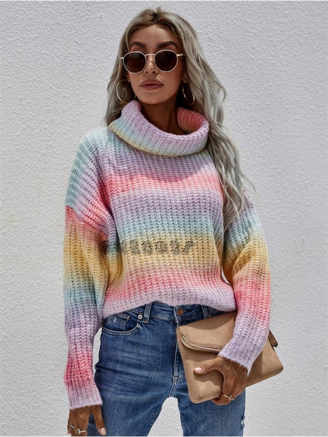 Striped knit high neck sweater rainbow sweater fashion outfits