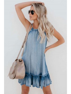 Sleeveless Trim Denim Mini Dress – Light Blue
