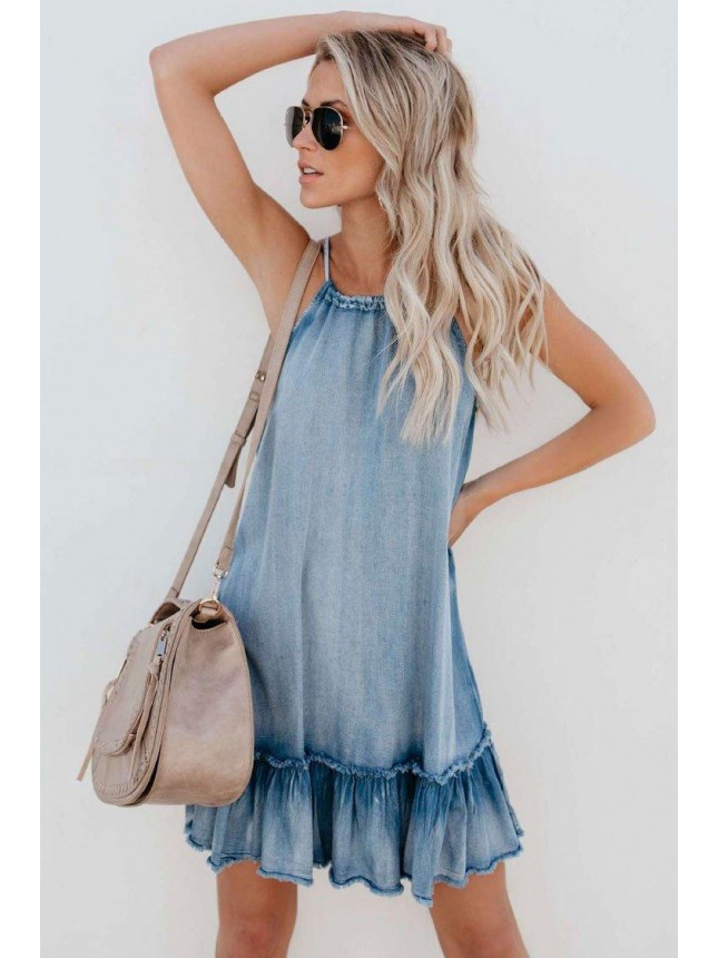 Sleeveless Trim Denim Mini Dress – Light Blue