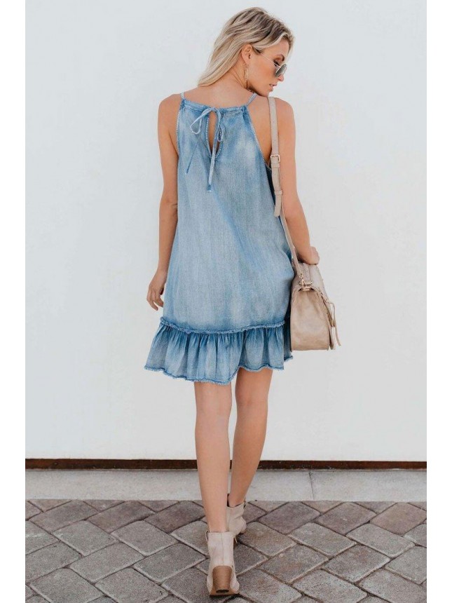 Sleeveless Trim Denim Mini Dress – Light Blue