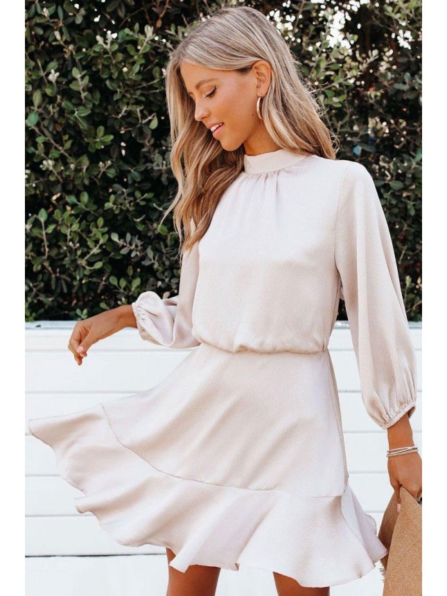 Bishop Sleeve High Neck Chiffon Mini Dress – Light Pink