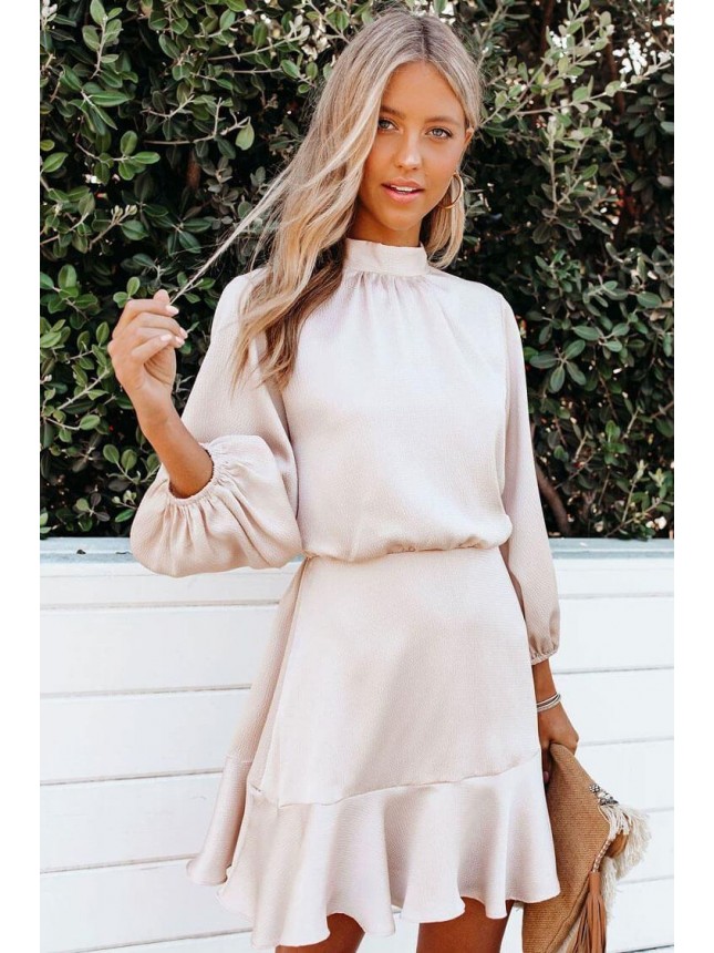 Bishop Sleeve High Neck Chiffon Mini Dress – Light Pink