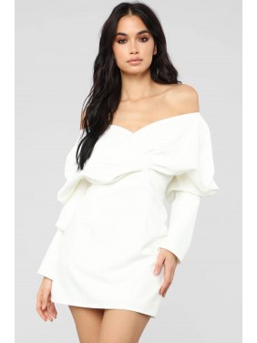 Puff Sleeve Off Shoulder V Neck Satin Mini Cocktail Party Dress – White