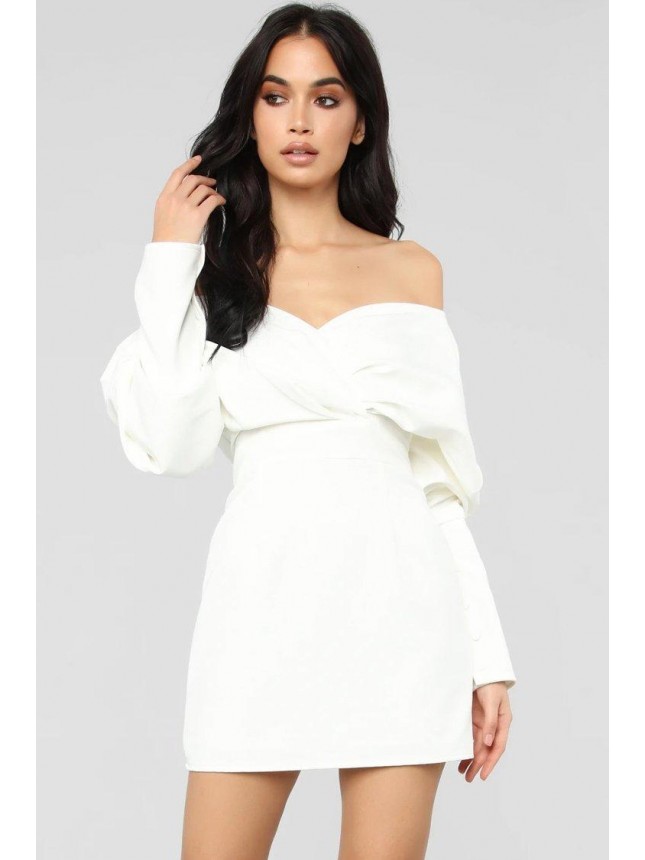 Puff Sleeve Off Shoulder V Neck Satin Mini Cocktail Party Dress – White