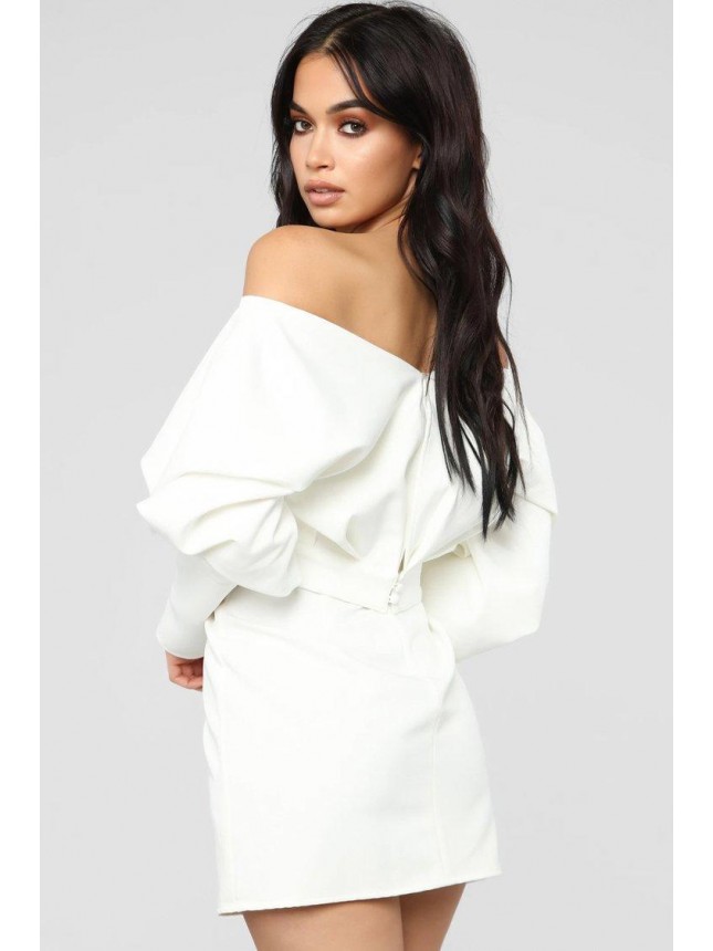 Puff Sleeve Off Shoulder V Neck Satin Mini Cocktail Party Dress – White