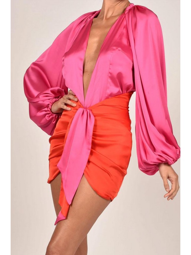 Two Tone Balloon Sleeve Ruched High Waist Satin Mini Two Piece Dress – Red