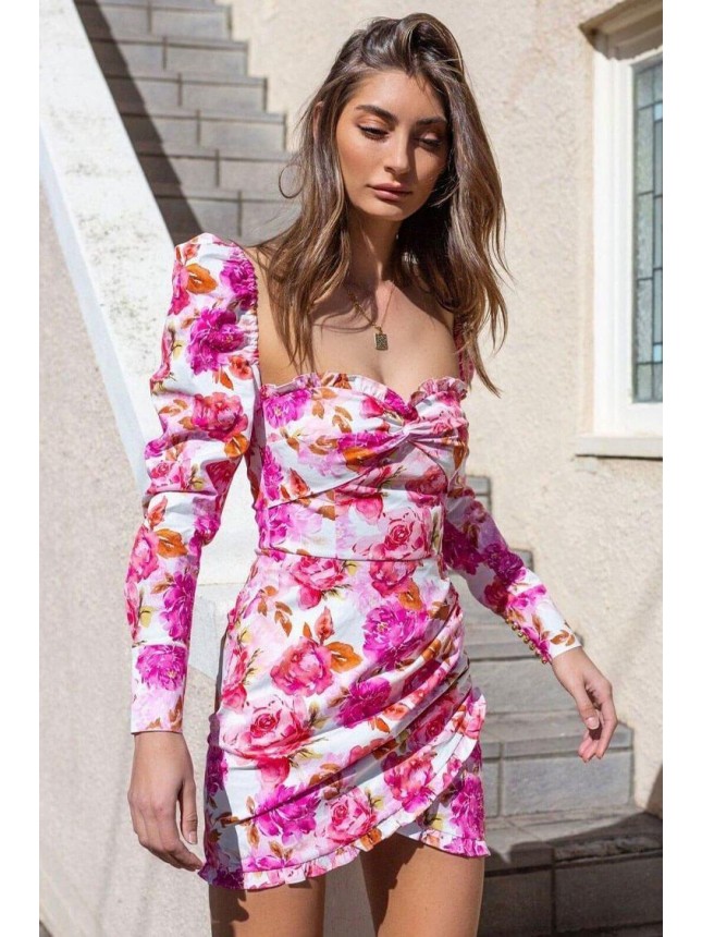 Puff Sleeve Floral Sweetheart Ruched Bodycon Mini Dress – Hot Pink