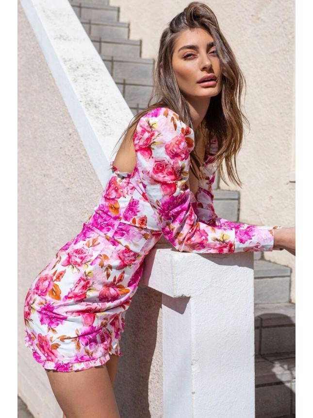 Puff Sleeve Floral Sweetheart Ruched Bodycon Mini Dress – Hot Pink