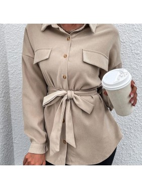 Single breasted shirt lapel collar lumbar colored belt shirt jacket