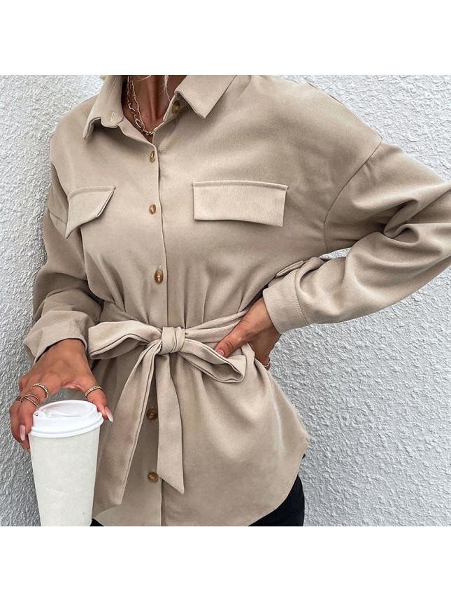 Single breasted shirt lapel collar lumbar colored belt shirt jacket