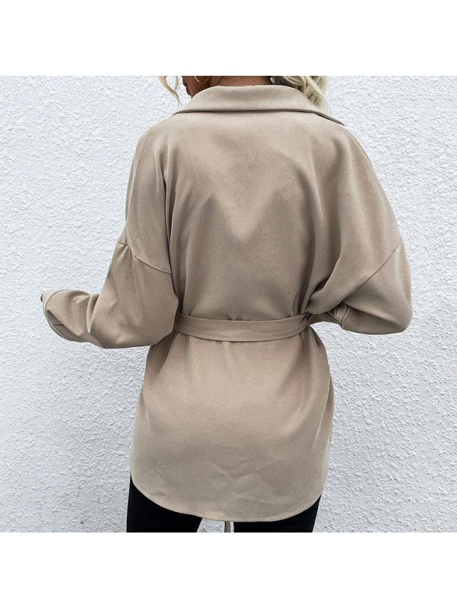 Single breasted shirt lapel collar lumbar colored belt shirt jacket