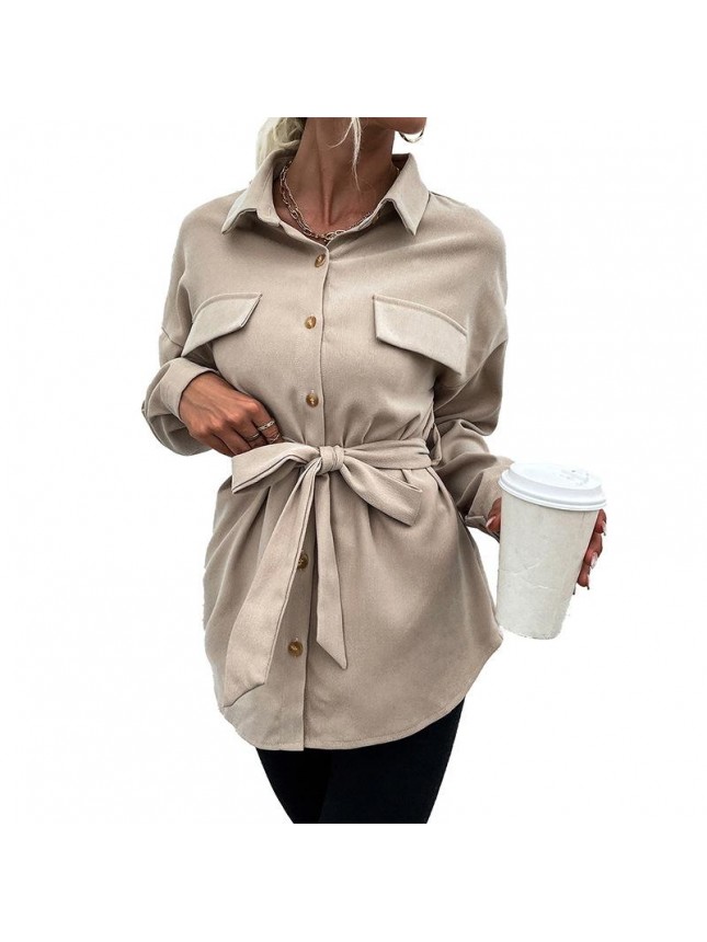 Single breasted shirt lapel collar lumbar colored belt shirt jacket