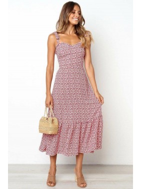 Floral Tie Strap Midi Beach Vacation Dress – Pink