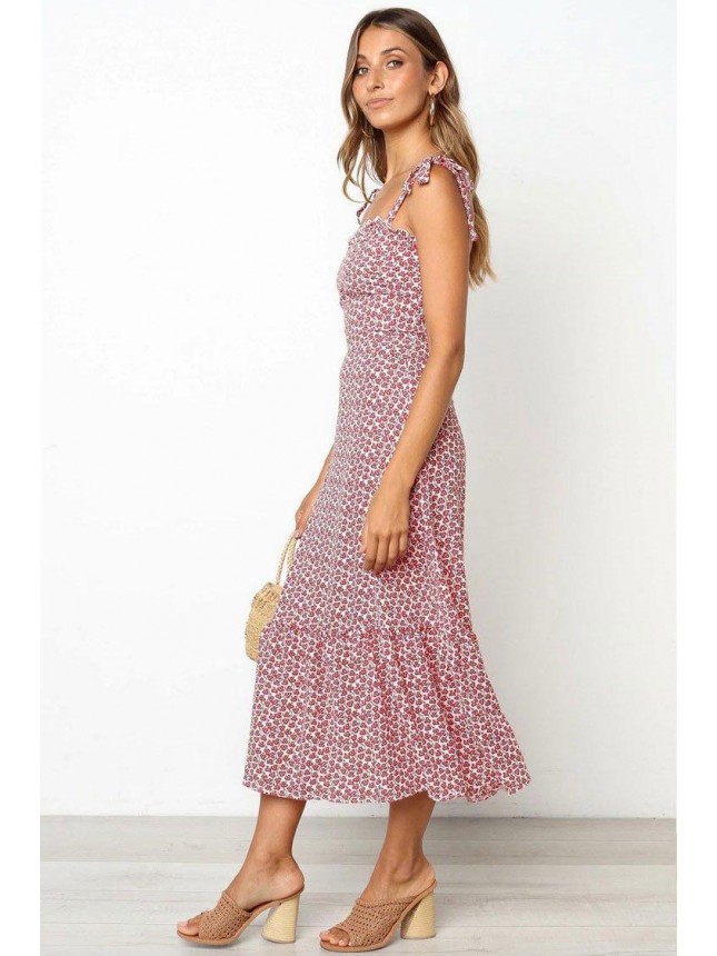 Floral Tie Strap Midi Beach Vacation Dress – Pink
