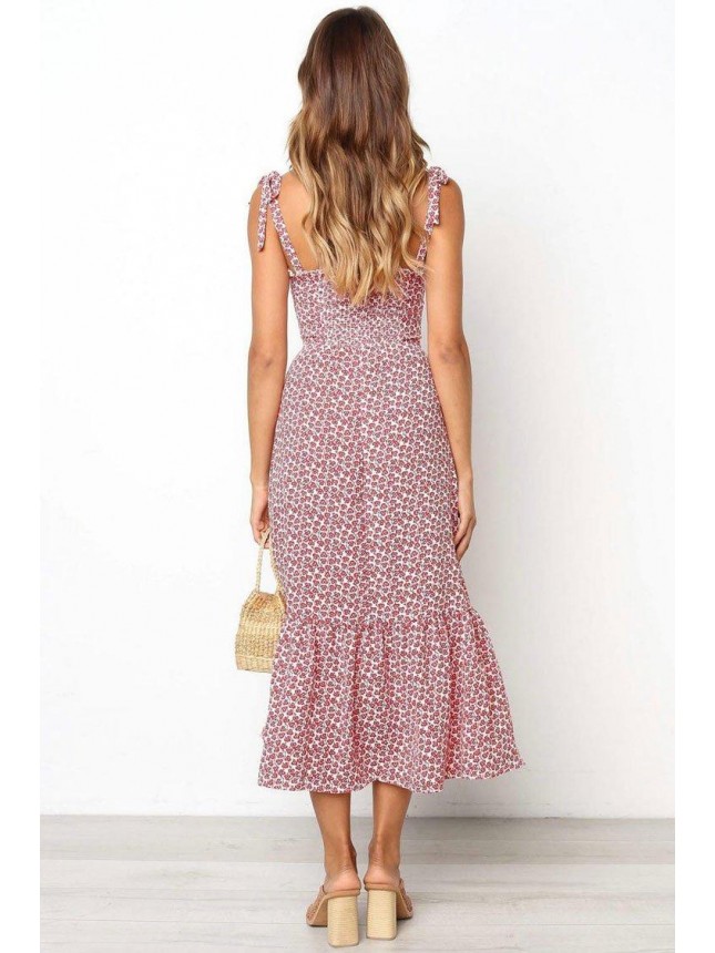 Floral Tie Strap Midi Beach Vacation Dress – Pink