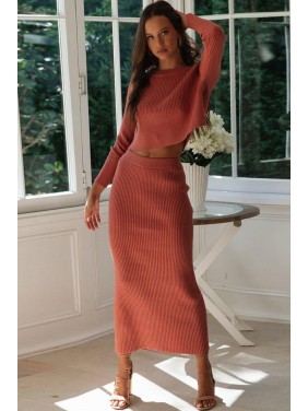 High Waist Rib Long Sleeve Winter Sweater Two Piece Dress – Red