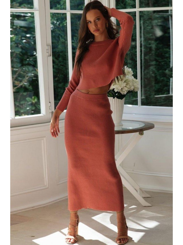 High Waist Rib Long Sleeve Winter Sweater Two Piece Dress – Red