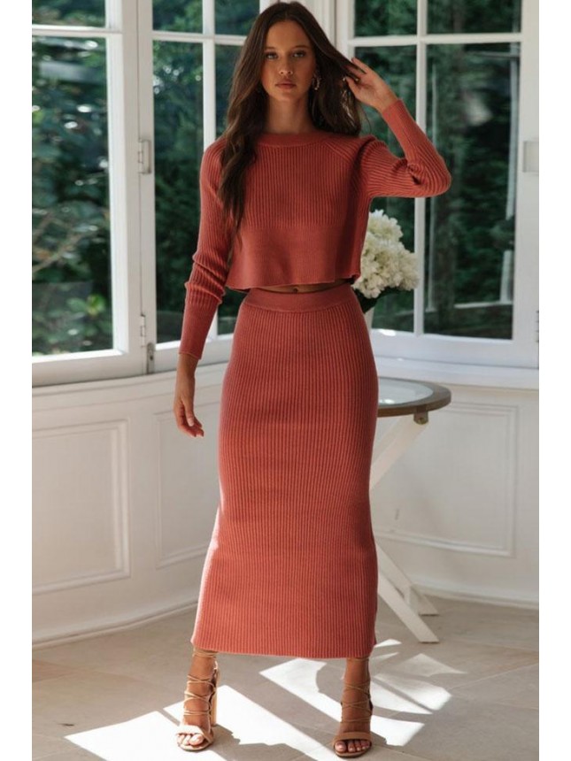 High Waist Rib Long Sleeve Winter Sweater Two Piece Dress – Red