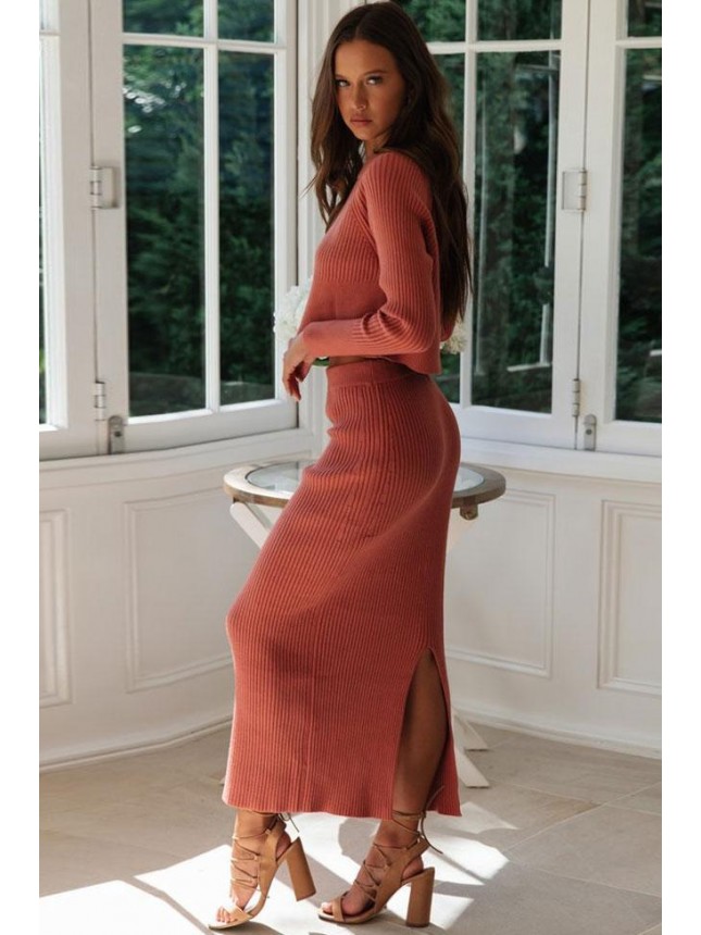 High Waist Rib Long Sleeve Winter Sweater Two Piece Dress – Red