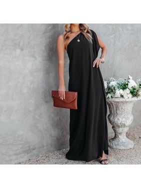 Solid dress reverse shoulder irregular long skirt fashion outfits