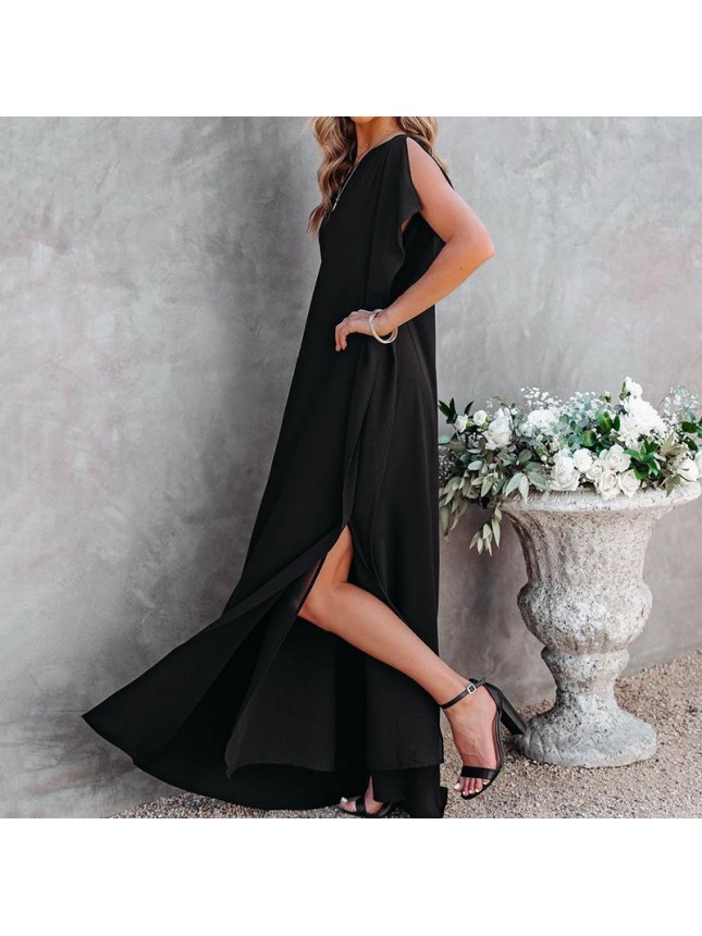 Solid dress reverse shoulder irregular long skirt fashion outfits
