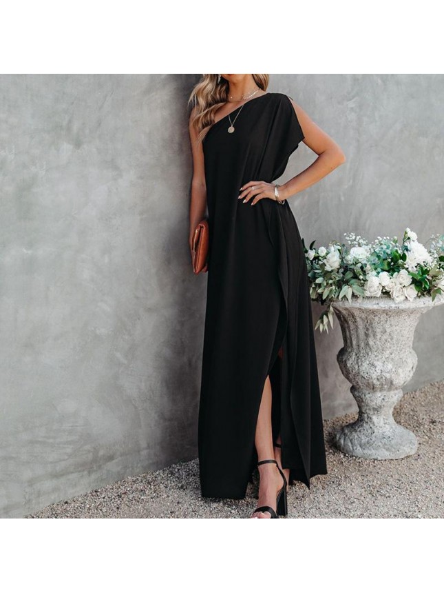 Solid dress reverse shoulder irregular long skirt fashion outfits