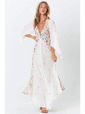 Floral Embroidered Chiffon Boho Chic Maxi Dress – White