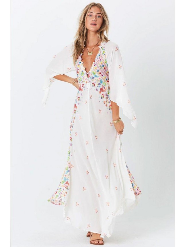 Floral Embroidered Chiffon Boho Chic Maxi Dress – White