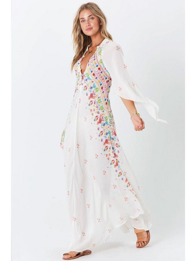 Floral Embroidered Chiffon Boho Chic Maxi Dress – White