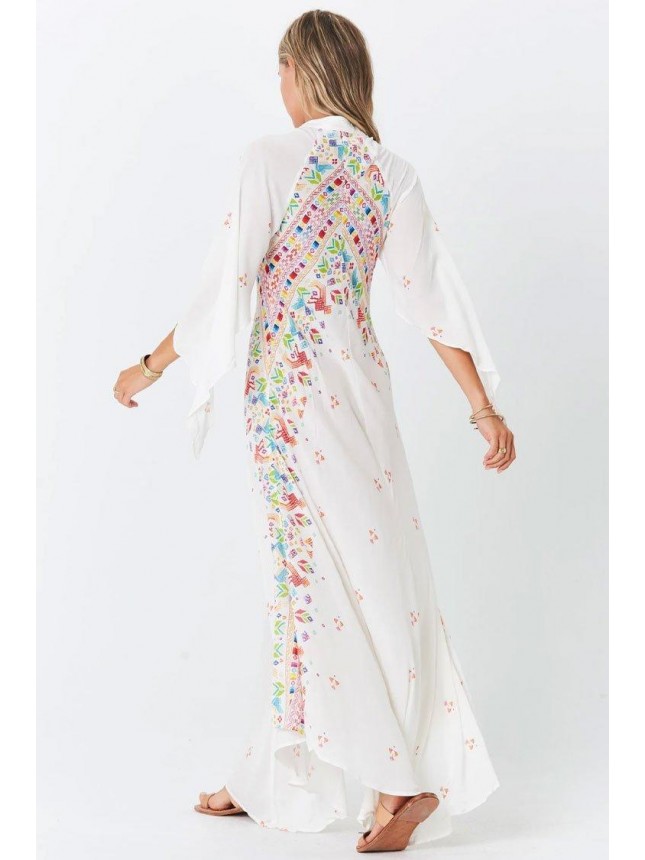 Floral Embroidered Chiffon Boho Chic Maxi Dress – White