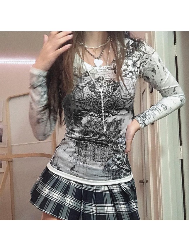 Retro wings print long sleeve close up shirt on the top shirt