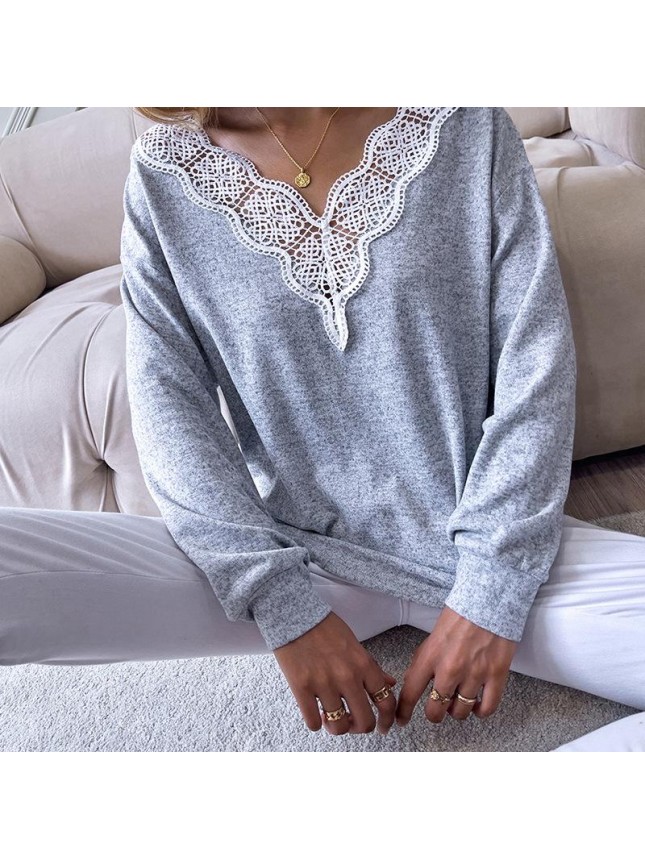 Top solid color lace set loose splice long sleeve T shirt