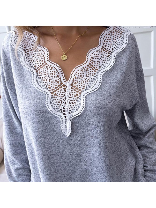 Top solid color lace set loose splice long sleeve T shirt
