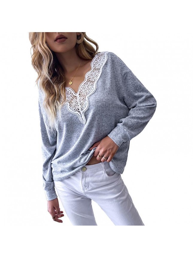Top solid color lace set loose splice long sleeve T shirt