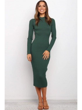 Long Sleeve Twist Back Ribbed Midi Dress – Emerald Green