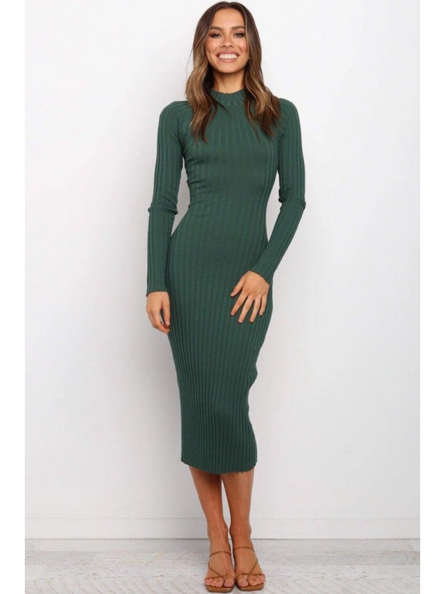 Long Sleeve Twist Back Ribbed Midi Dress – Emerald Green