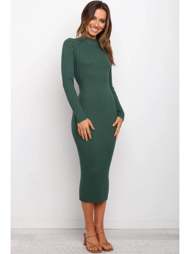 Long Sleeve Twist Back Ribbed Midi Dress – Emerald Green