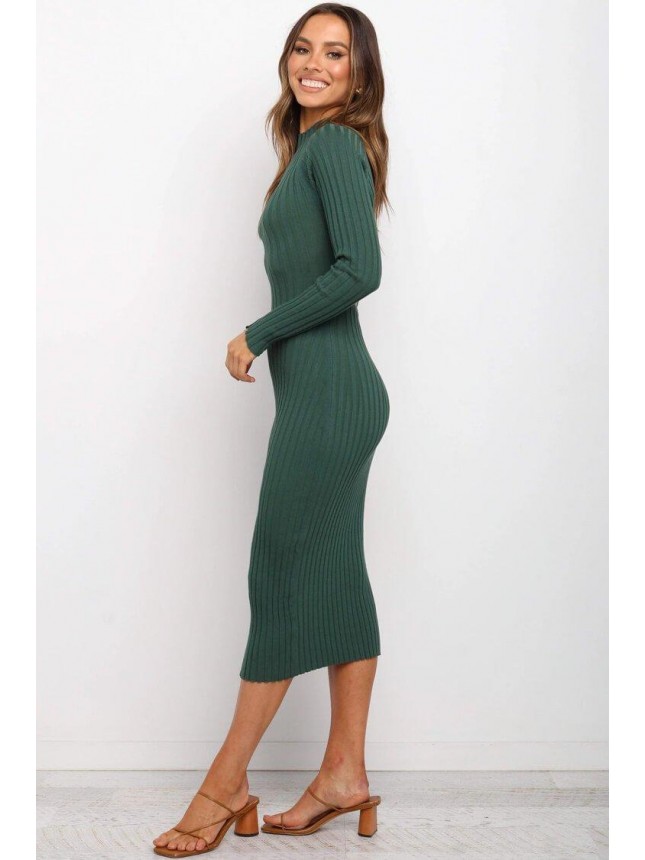 Long Sleeve Twist Back Ribbed Midi Dress – Emerald Green