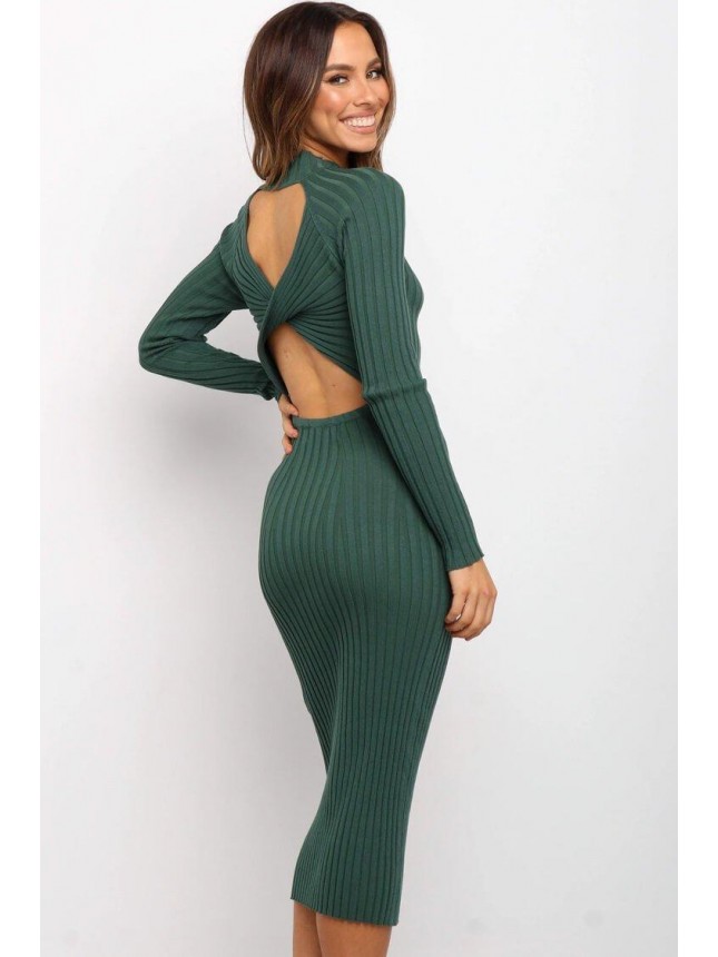 Long Sleeve Twist Back Ribbed Midi Dress – Emerald Green
