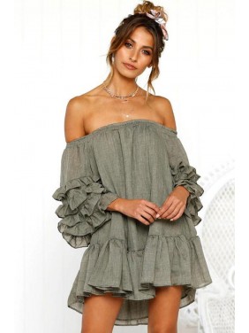 Layered Off Shoulder Mini Babydoll Dress – Green