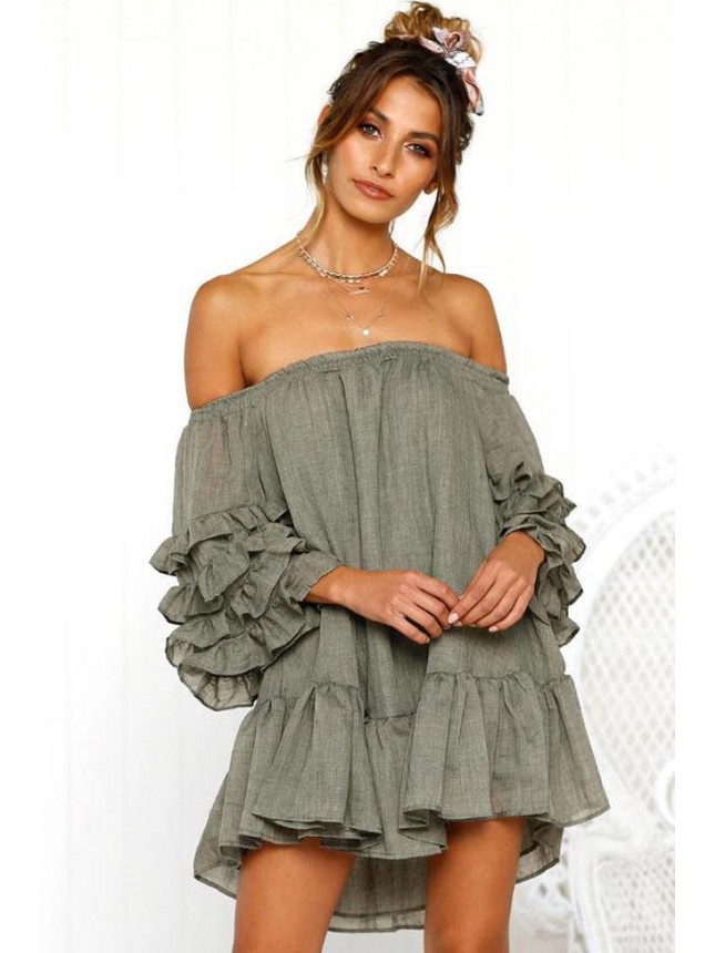 Layered Off Shoulder Mini Babydoll Dress – Green