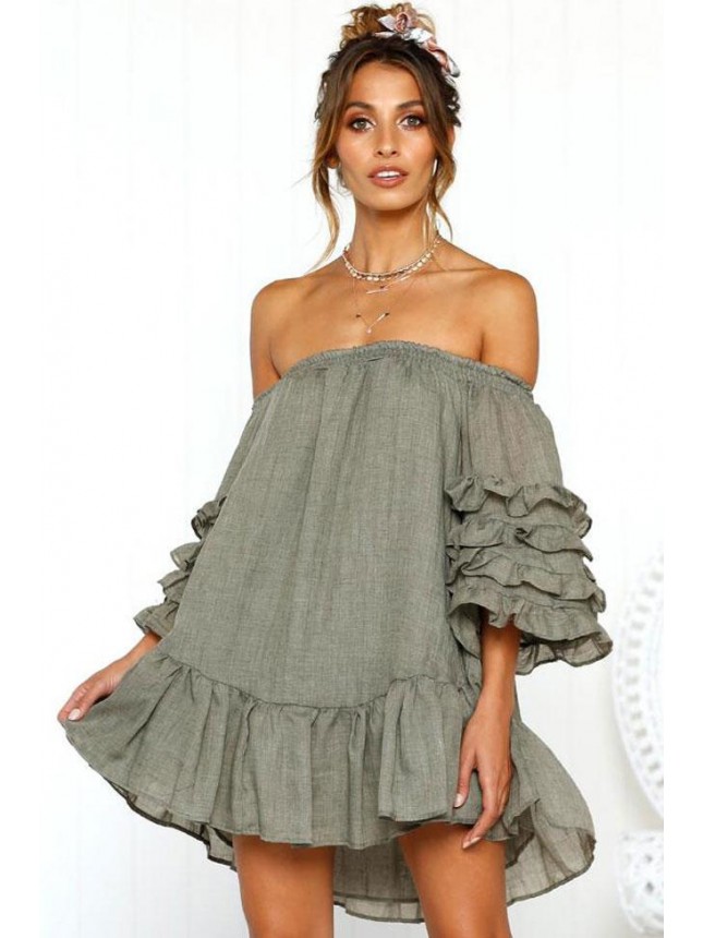 Layered Off Shoulder Mini Babydoll Dress – Green