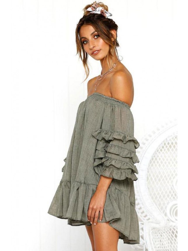 Layered Off Shoulder Mini Babydoll Dress – Green