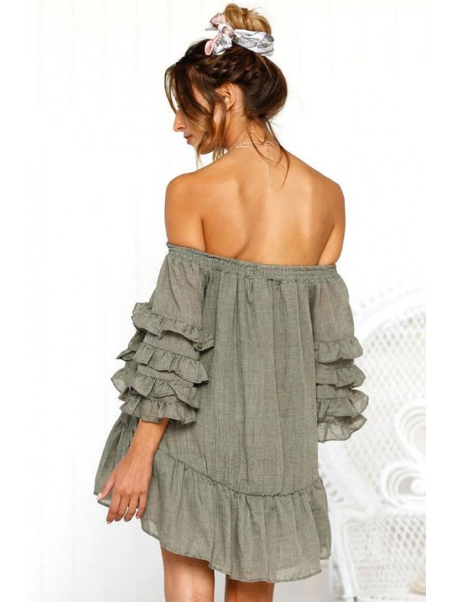 Layered Off Shoulder Mini Babydoll Dress – Green