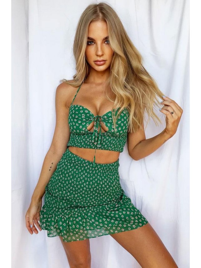 Daisy Floral Tie Front Shirred High Waist Mini Two Piece Dress – Green