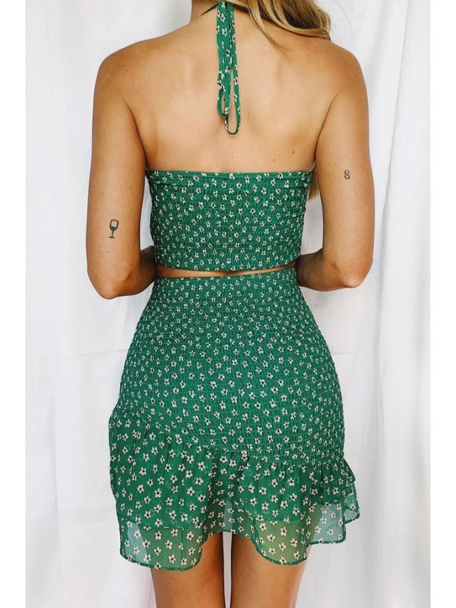 Daisy Floral Tie Front Shirred High Waist Mini Two Piece Dress – Green