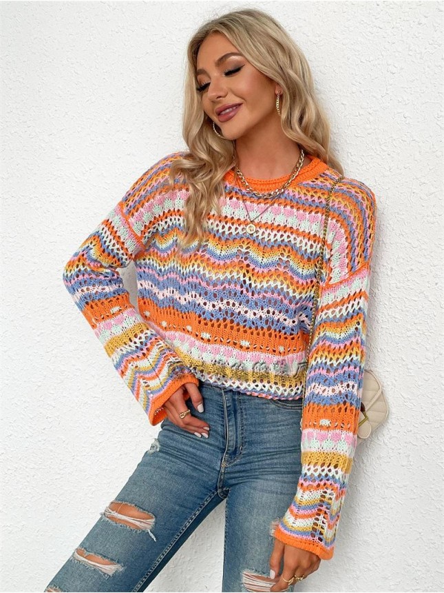 Splicing sweater loose mesh striped sweater fashion outfits