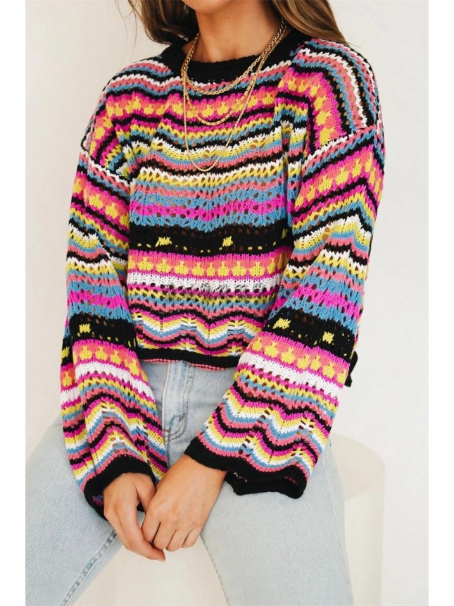 Splicing sweater loose mesh striped sweater fashion outfits